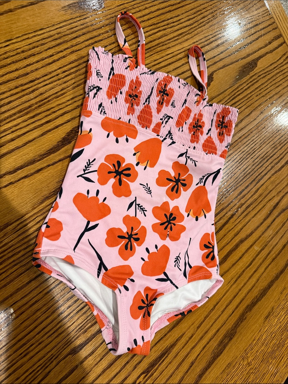 Hanna Andersson Pink One-Piece Swimsuit with Orange Floral Print